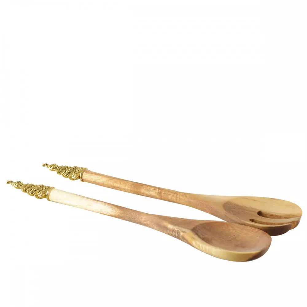 Coppia posate insalata legno acacia con Albero oro
